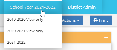 School year selector drop down showing the previous years are view-only