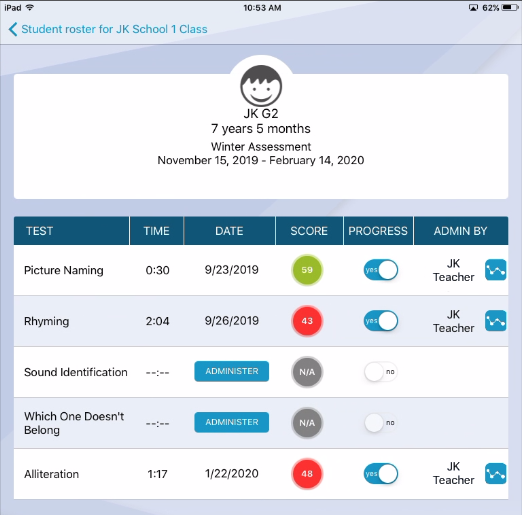 example of the student results view with progress monitoring set to Yes for some assessments