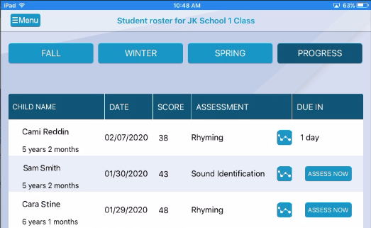 example of the progress view in which the student Cami needs to wait 1 day, while other students have the Assess Now option