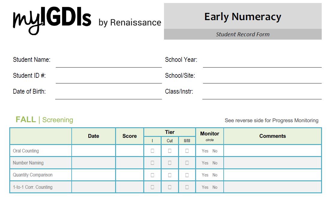 the Student Record Form for recording scores