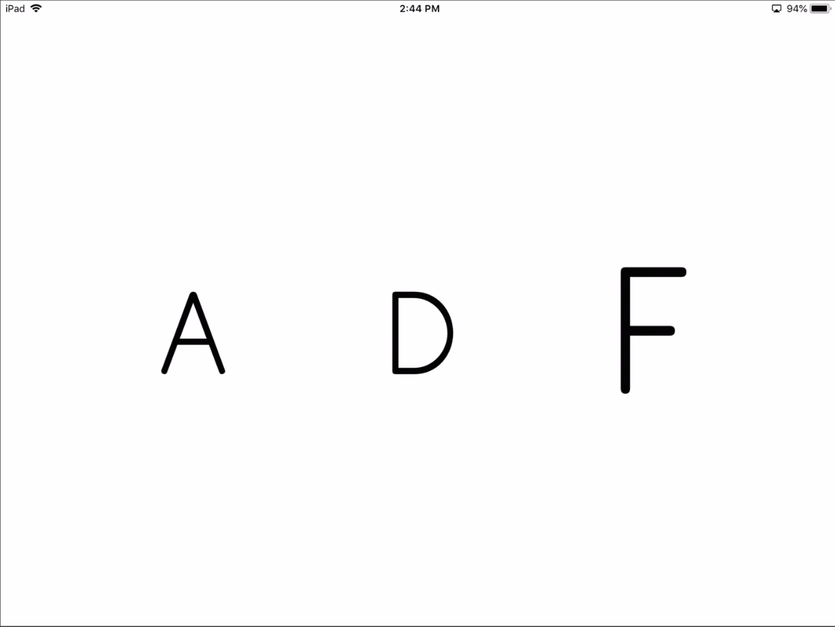 example of an item as the student sees it, showing only A, D, and F, with F being larger