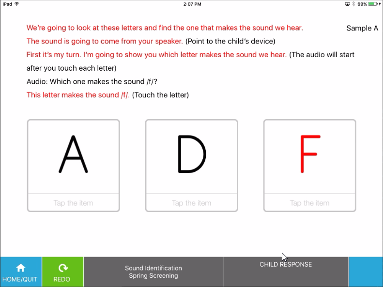 example of an item as the teacher sees it, showing A, D, and F with the teacher instructions