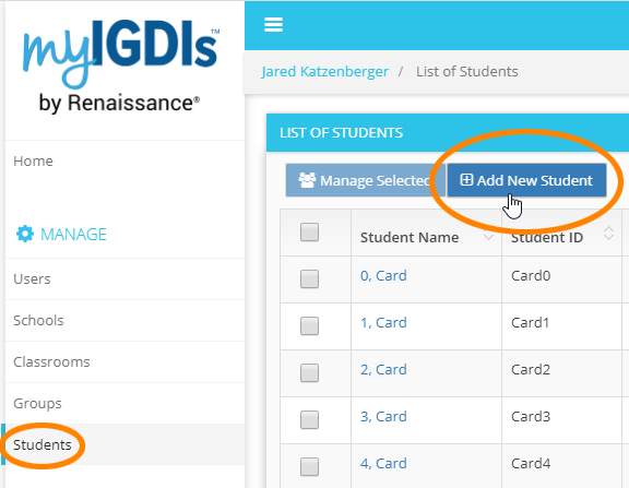 Select Students on the left, then select Add New Student in the List of Students