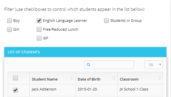 check the appropriate filters to find the students you want to add to the group