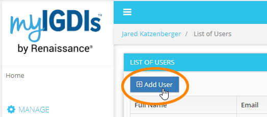 select Add User in the List of Users