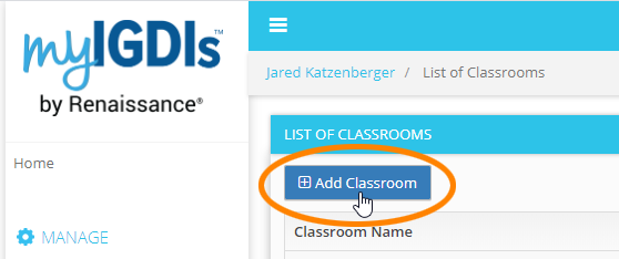 select Add Classroom in the List of Classrooms