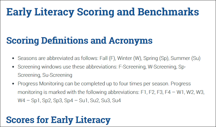 Early Literacy Scoring and Benchmarks
