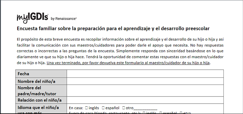 Family Survey of Preschool Learning and Development Readiness in Spanish